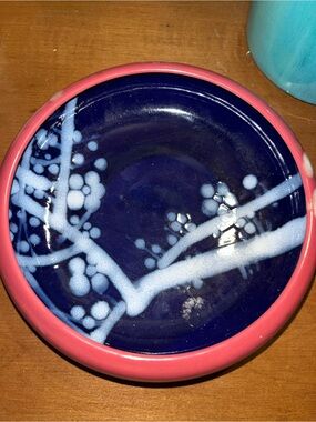 Asian Mid Century Brush Washer 7” Two-Tone Round Bowl With Blue Blossom